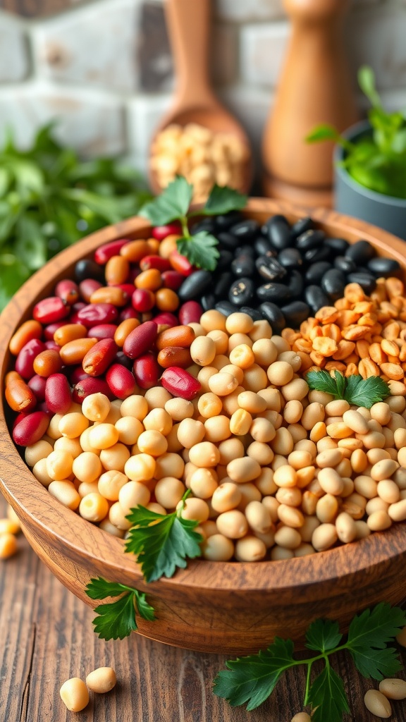 A bowl of assorted types of beans including kidney beans, black beans, and chickpeas with herbs and spices.